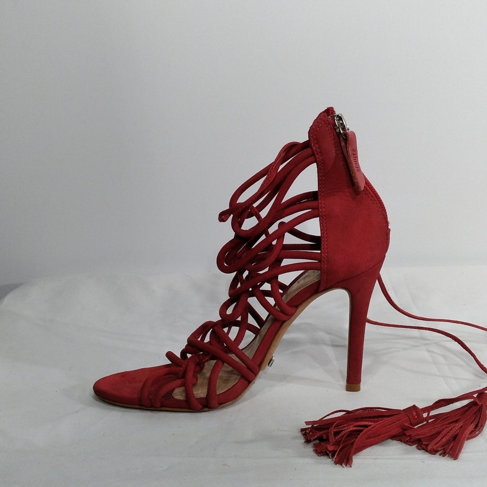 SCHUTZ Valquis Red Nubuck Leather Laced Caged Stiletto Heeled Sandals w/… - Picture 6 of 11